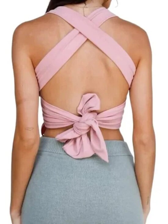 Le Lis Tops - Le Lis Smocked Criss-Cross Back Self-Tie Strap Sleeveless Crop Top Mauve Pink